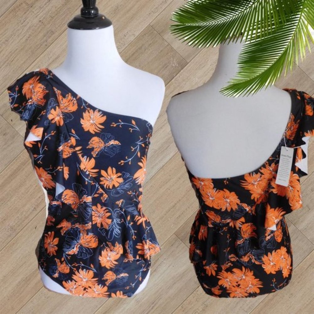 BLACK ORANGE PRINT ONE SHOULDER ONE PIECE SWIMSUIT